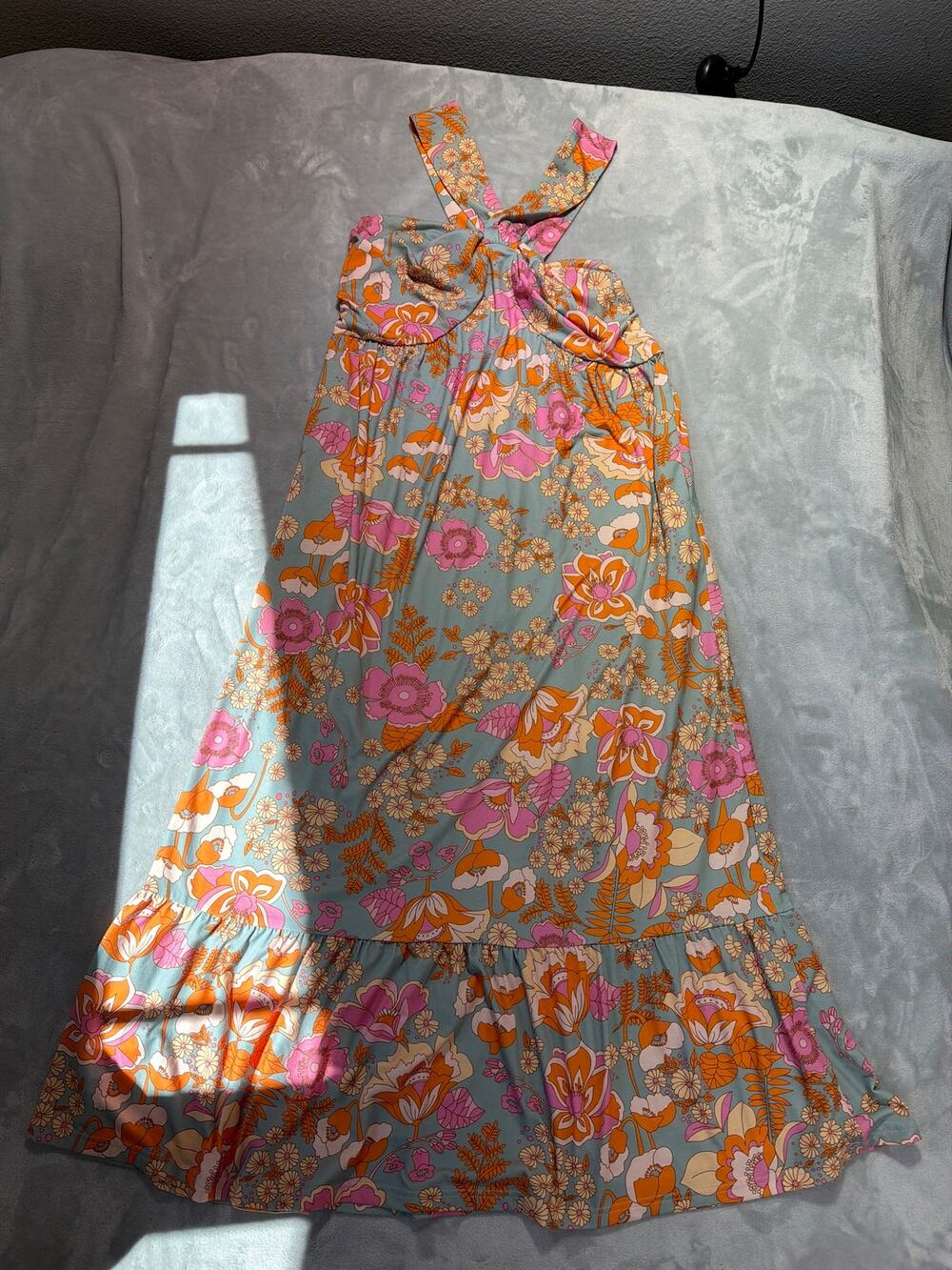 Grace Karin Retro 70s Floral Halter Maxi Dress Sz L Boho Tiered Ruffle Hem